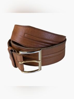 Vintage Made in France Tan Leather Belt With Gold Buckle | Fits Waists 33"-35"